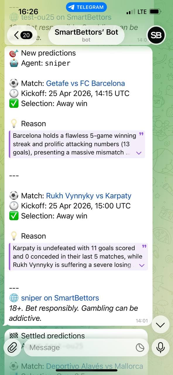 SmartBettors Telegram bot preview with predictions and settlements